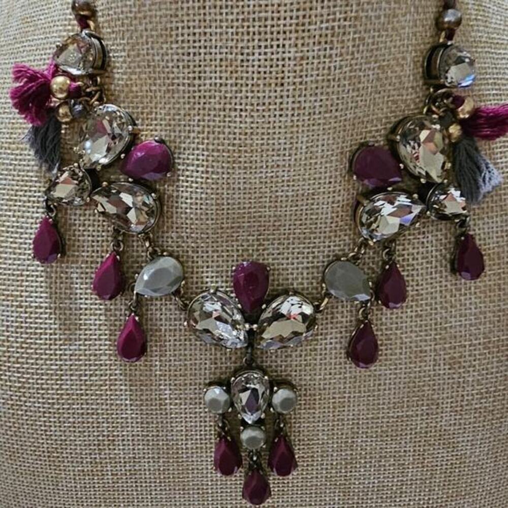 J. Crew Plum Purple Grey Crystal Tassel Statement Bib‎ Necklace Antique Brass